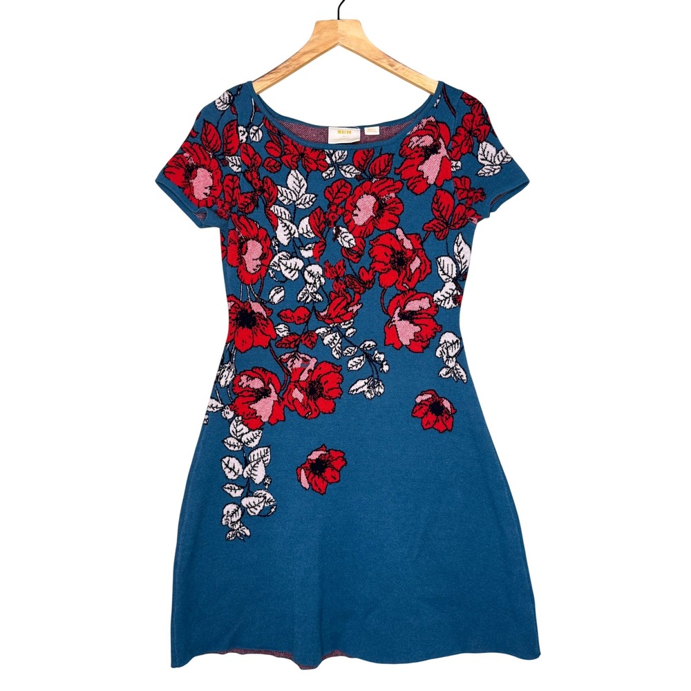 Maeve Anthropologie Allison Poppy Floral SS Sweater Dress Teal Red Small Mod
